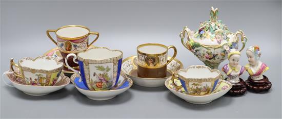 Four gilt decorated cabinet cups and saucers, a floral encrusted pot, height 15cm and two busts on stands